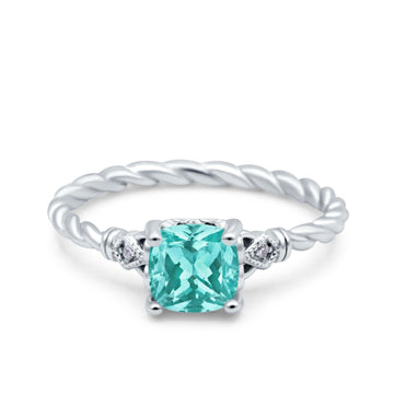 Art Deco Cushion Three Stone Wedding Bridal Ring Simulated Paraiba Tourmaline CZ 925 Sterling Silver
